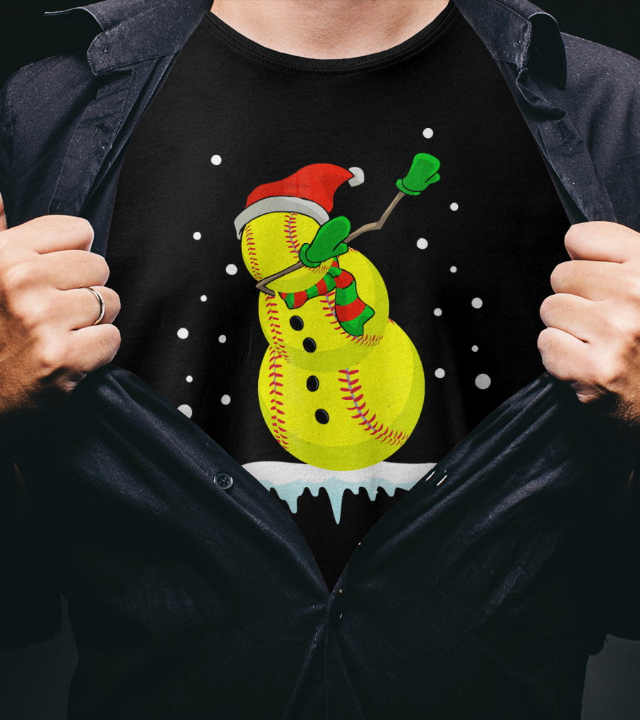 Dabbing Snowman Softball Christmas Fun T-Shirt
