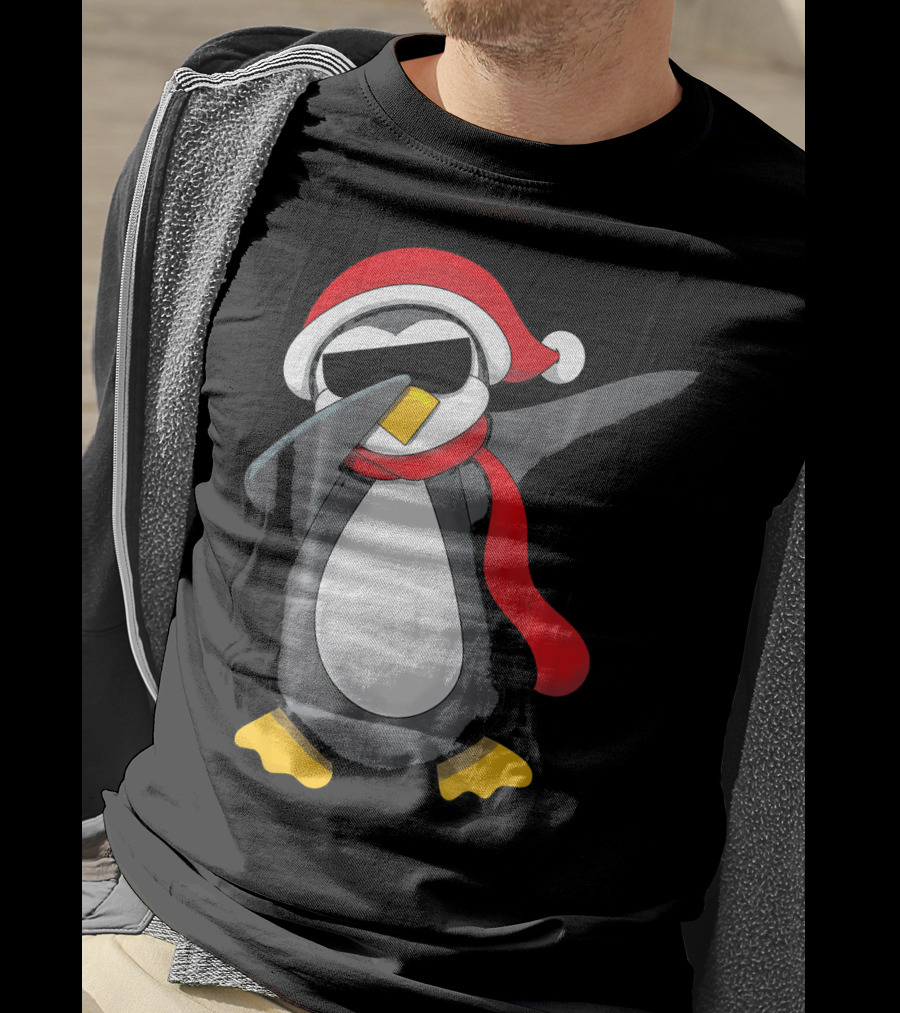 Dabbing Penguin Christmas Mornin Santa Hat Scarf Holiday Fun T-Shirt