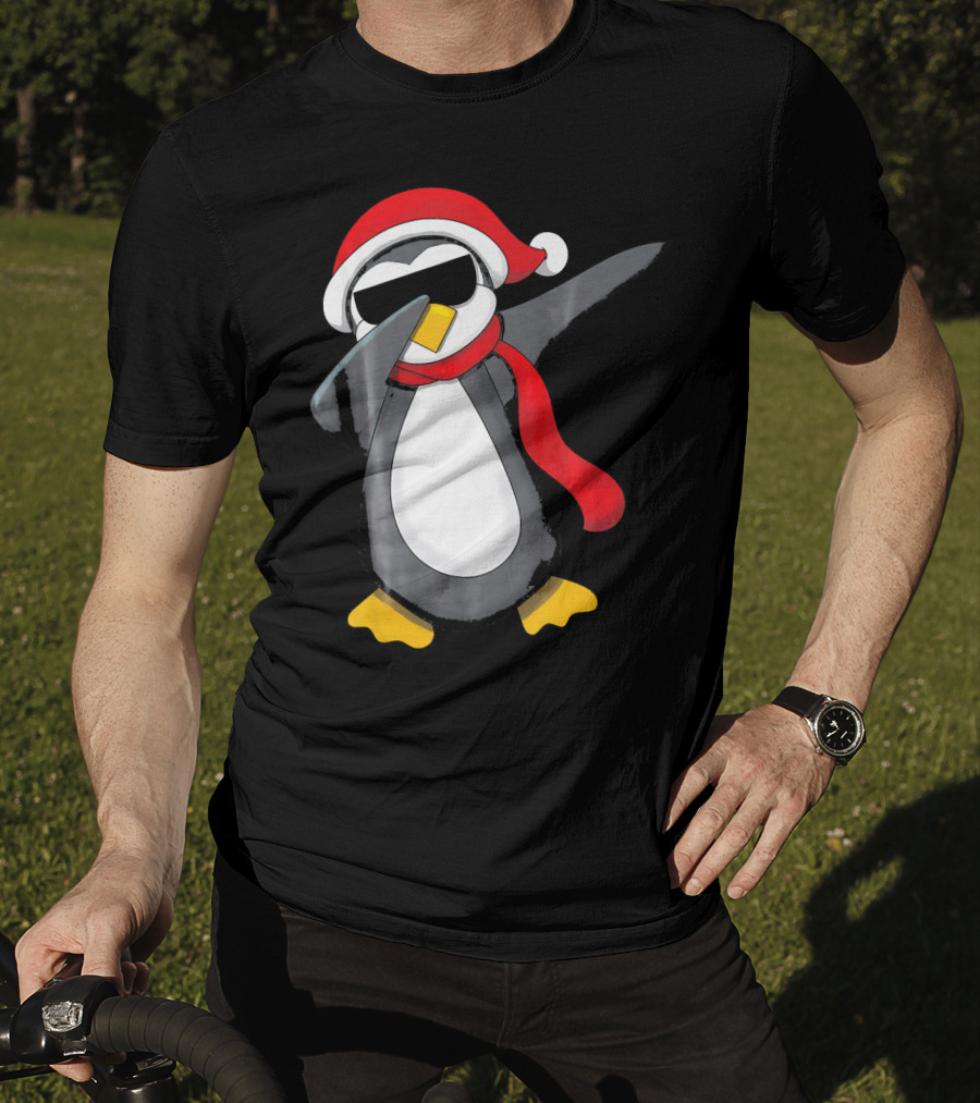 Dabbing Penguin Christmas Mornin Santa Hat Scarf Holiday Fun T-Shirt