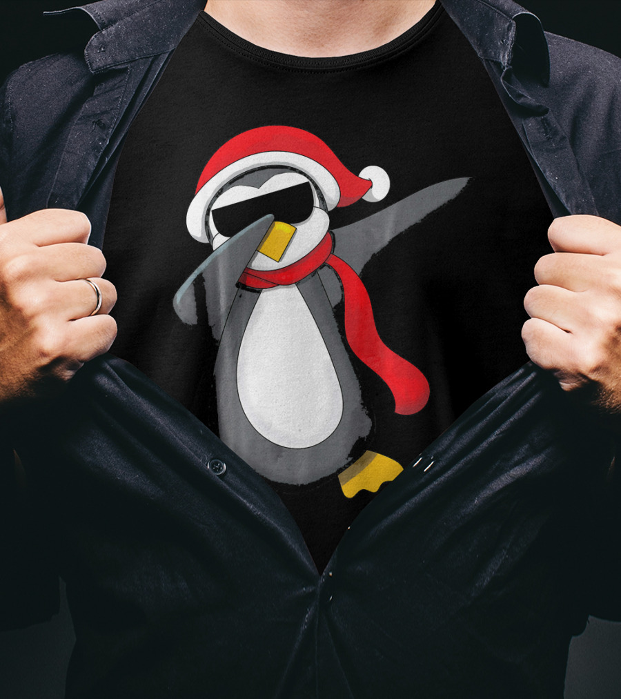 Dabbing Penguin Christmas Mornin Santa Hat Scarf Holiday Fun T-Shirt