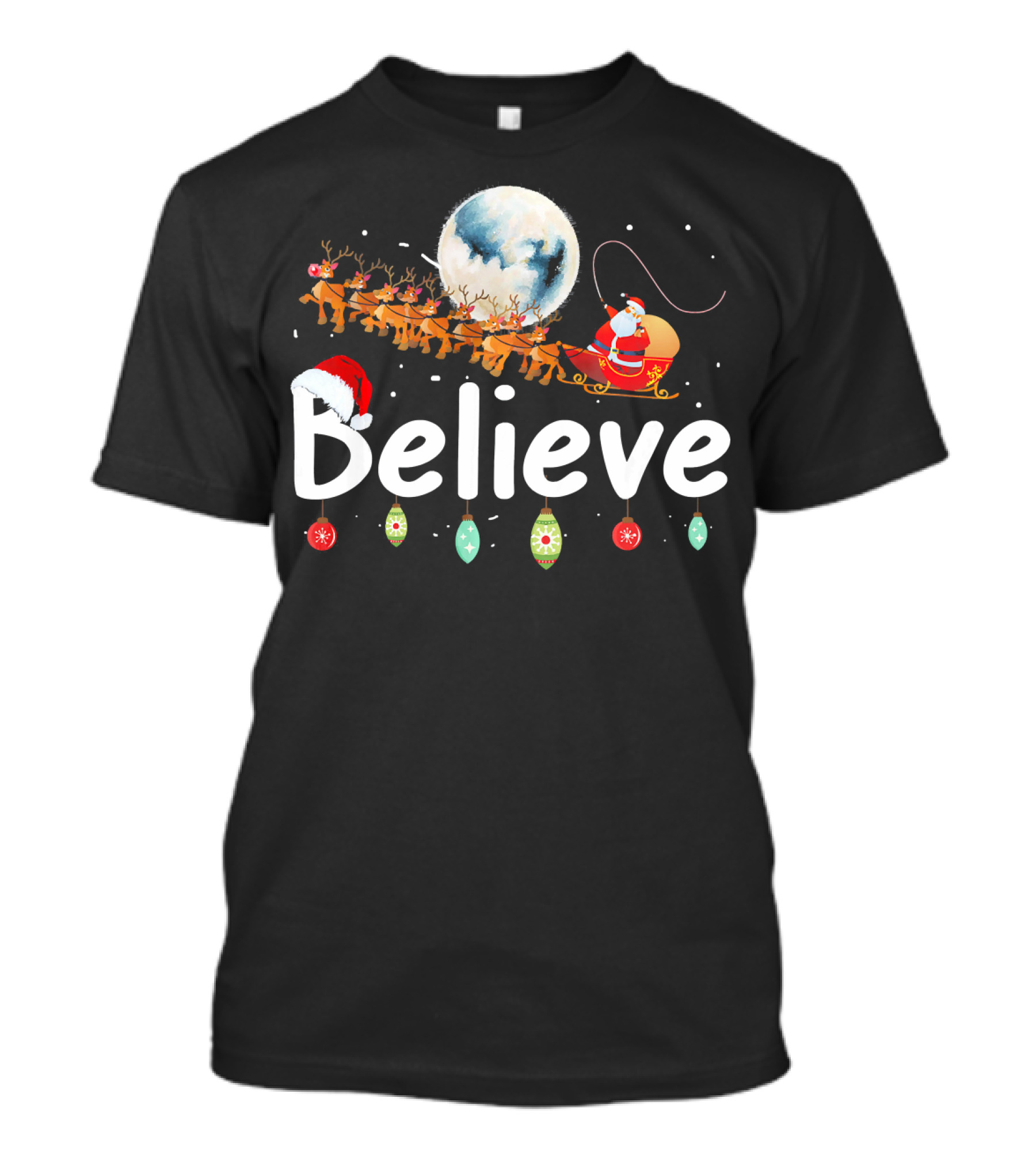 Believe Santa Sleigh Reindeer Moon Christmas Xmas T-Shirt