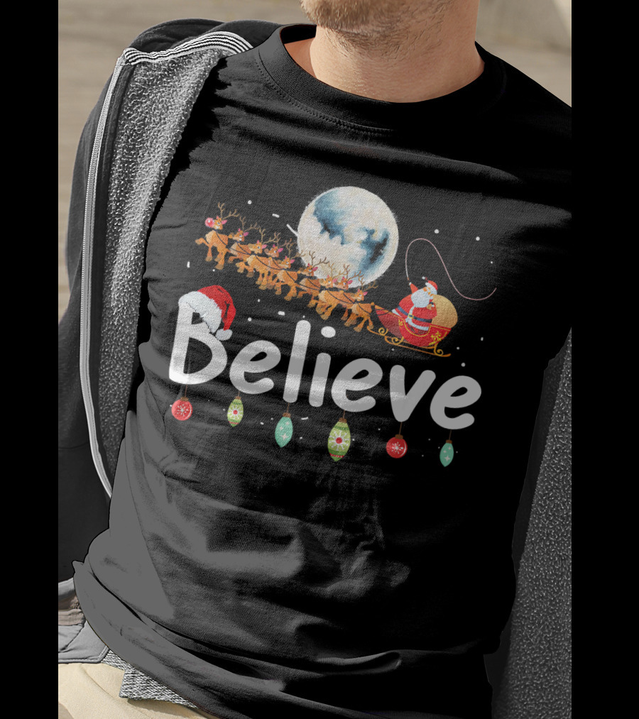 Believe Santa Sleigh Reindeer Moon Christmas Xmas T-Shirt