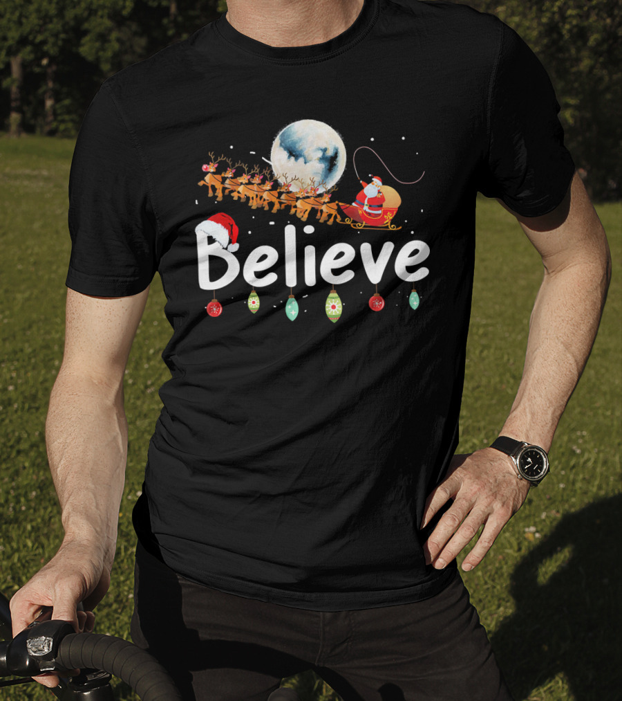 Believe Santa Sleigh Reindeer Moon Christmas Xmas T-Shirt