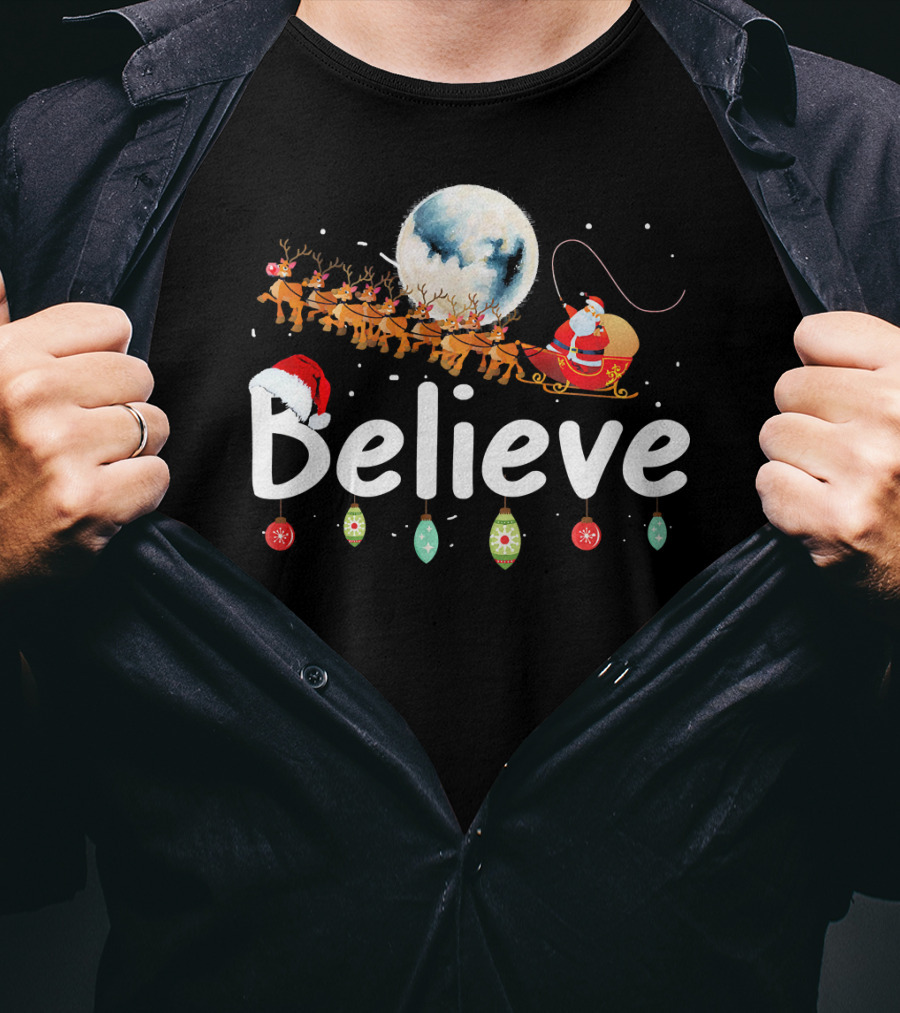 Believe Santa Sleigh Reindeer Moon Christmas Xmas T-Shirt