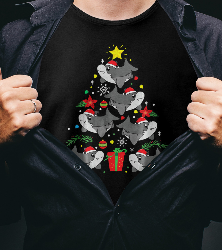Shark Christmas Tree With Santa Hats And Ornaments T-Shirt