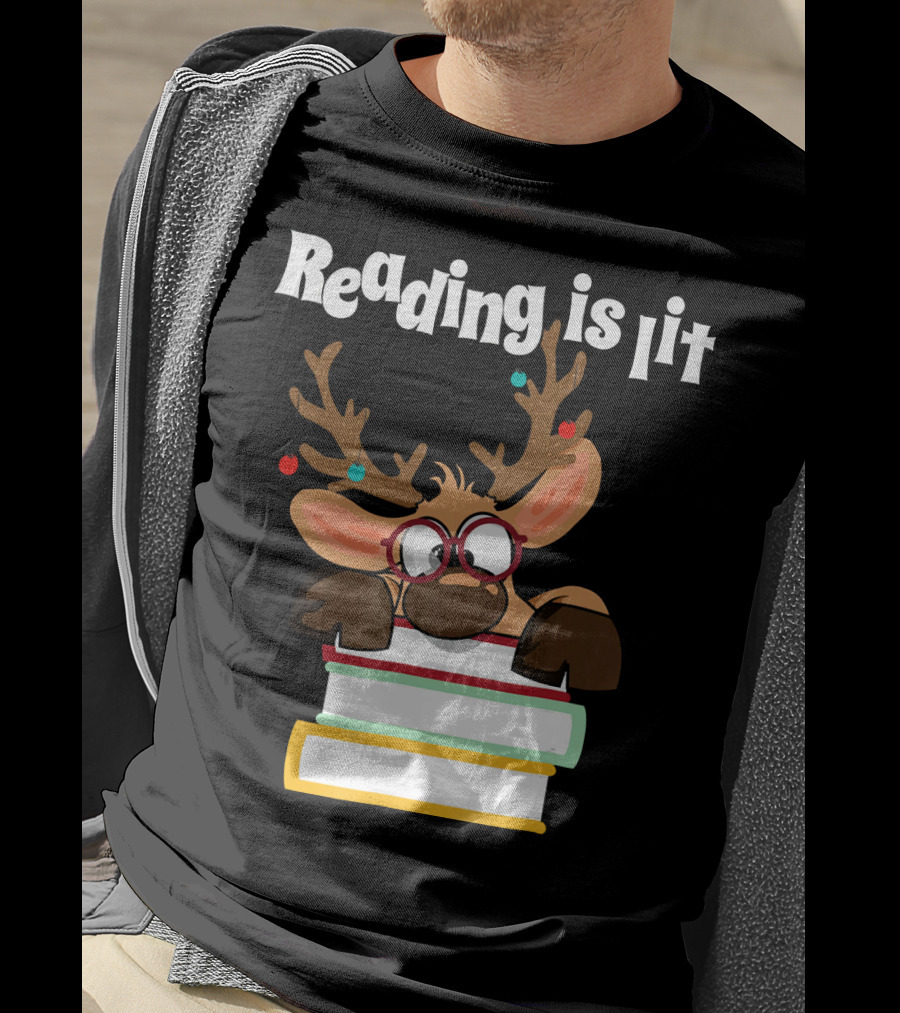 Reading Is Lit Reindeer With Books And Glasses T-Shirt