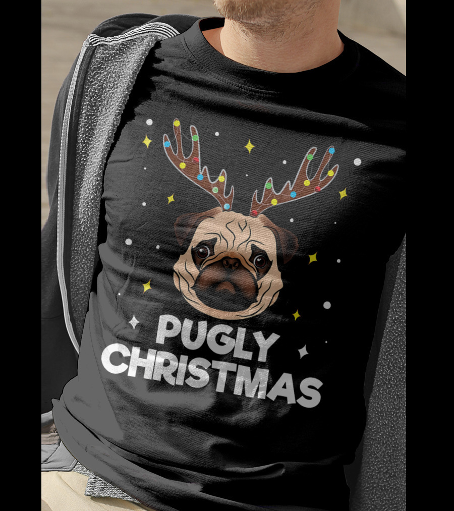 Pugly Christmas Pug Lover Me Reindeer Lights T-Shirt
