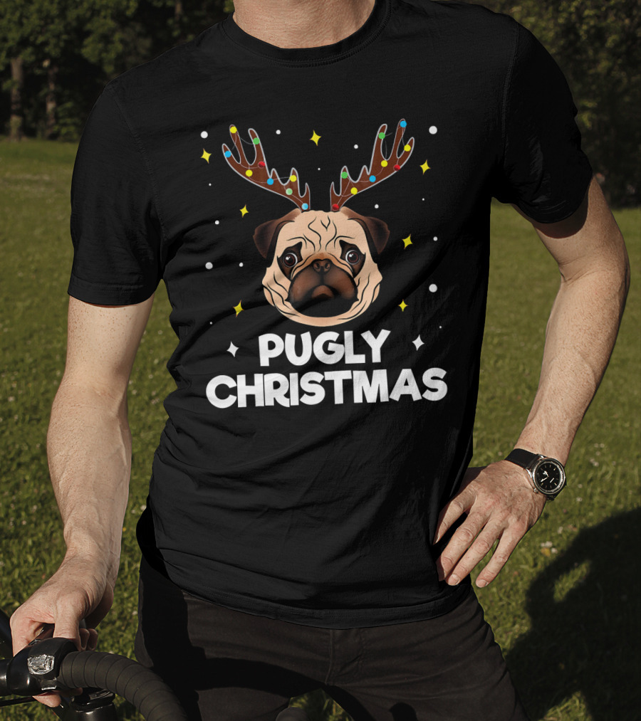 Pugly Christmas Pug Lover Me Reindeer Lights T-Shirt