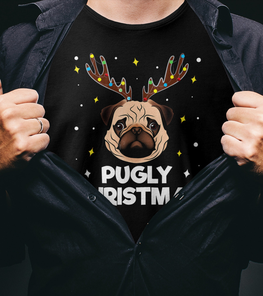 Pugly Christmas Pug Lover Me Reindeer Lights T-Shirt