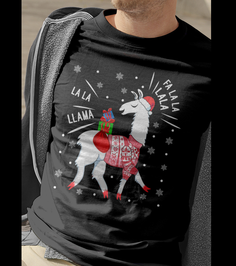 Fa La La Fa La La La La Llama Christmas Santa Hat Sweater Snowflakes T-Shirt