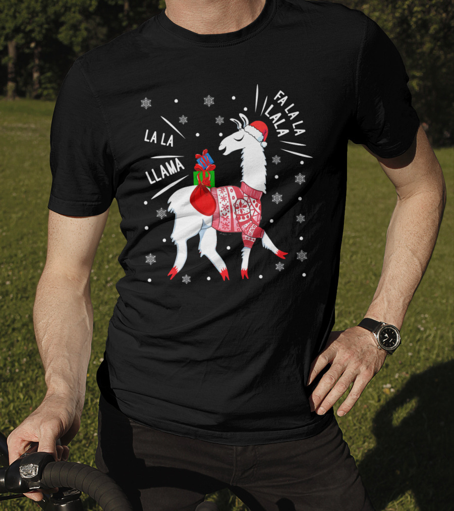 Fa La La Fa La La La La Llama Christmas Santa Hat Sweater Snowflakes T-Shirt