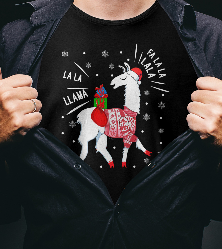 Fa La La Fa La La La La Llama Christmas Santa Hat Sweater Snowflakes T-Shirt