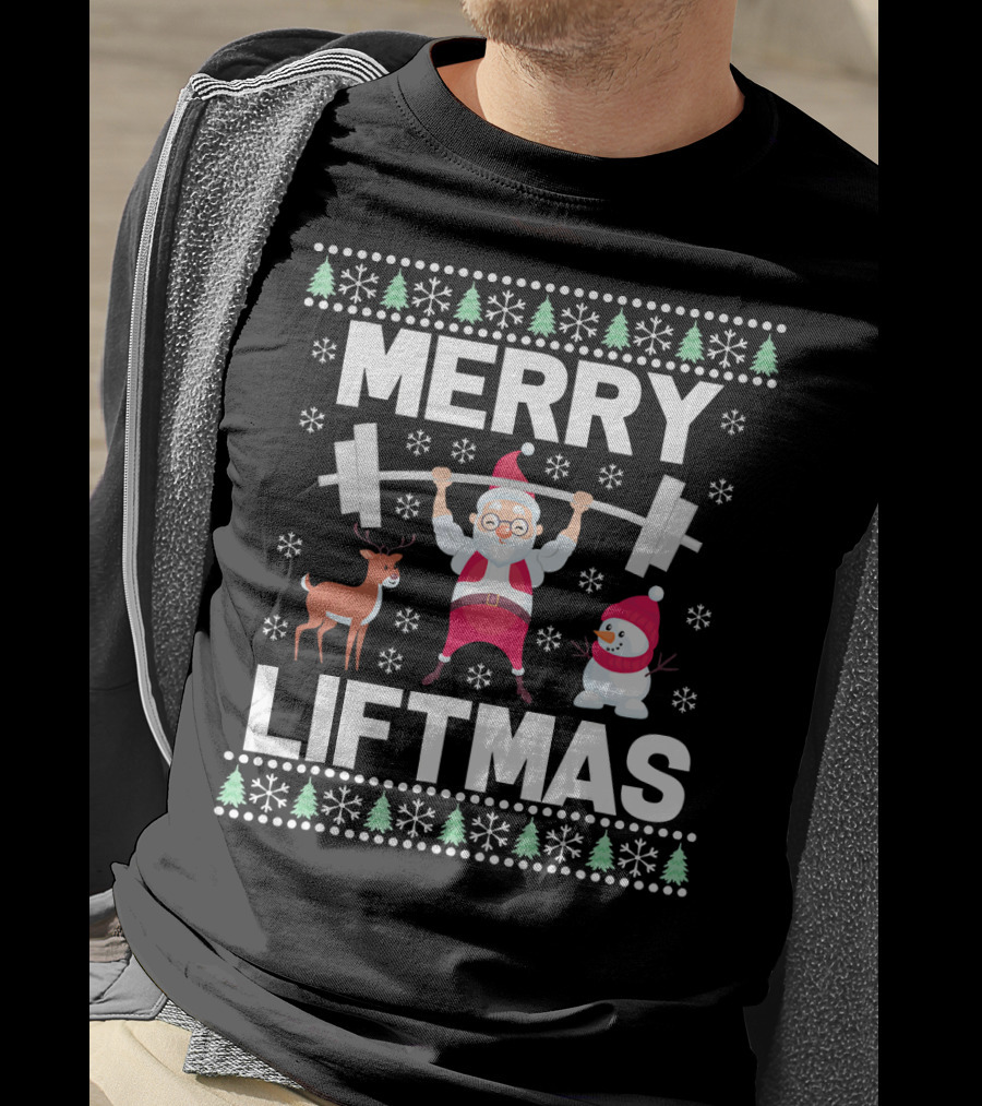 Merry Liftmas Santa Lifting Weights With Reindeer Snowman Christmas T-Shirt