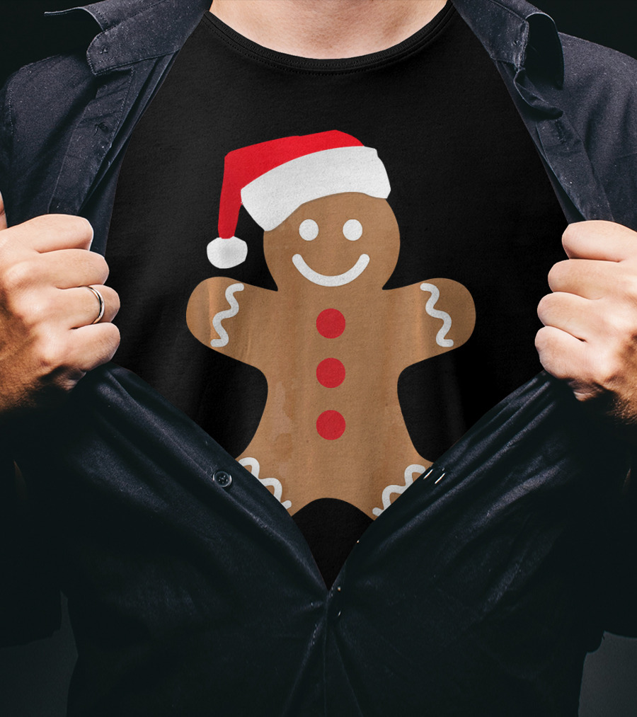 Gingerbread Man With Santa Hat Christmas T-Shirt