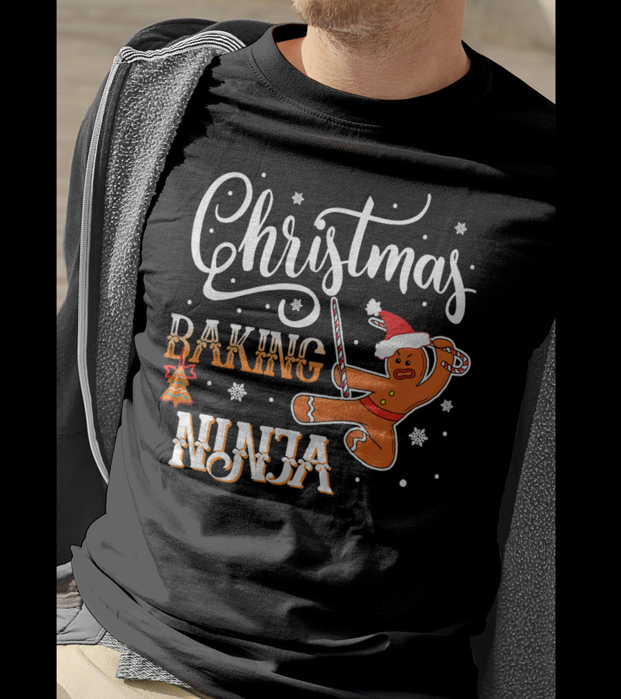 Christmas Baking Ninja Gingerbread With Santa Hat And Candy Cane T-Shirt