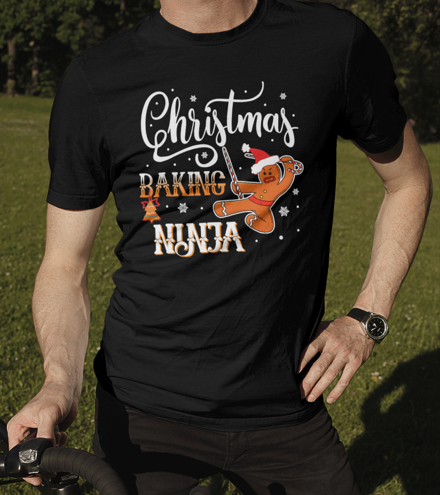 Christmas Baking Ninja Gingerbread With Santa Hat And Candy Cane T-Shirt
