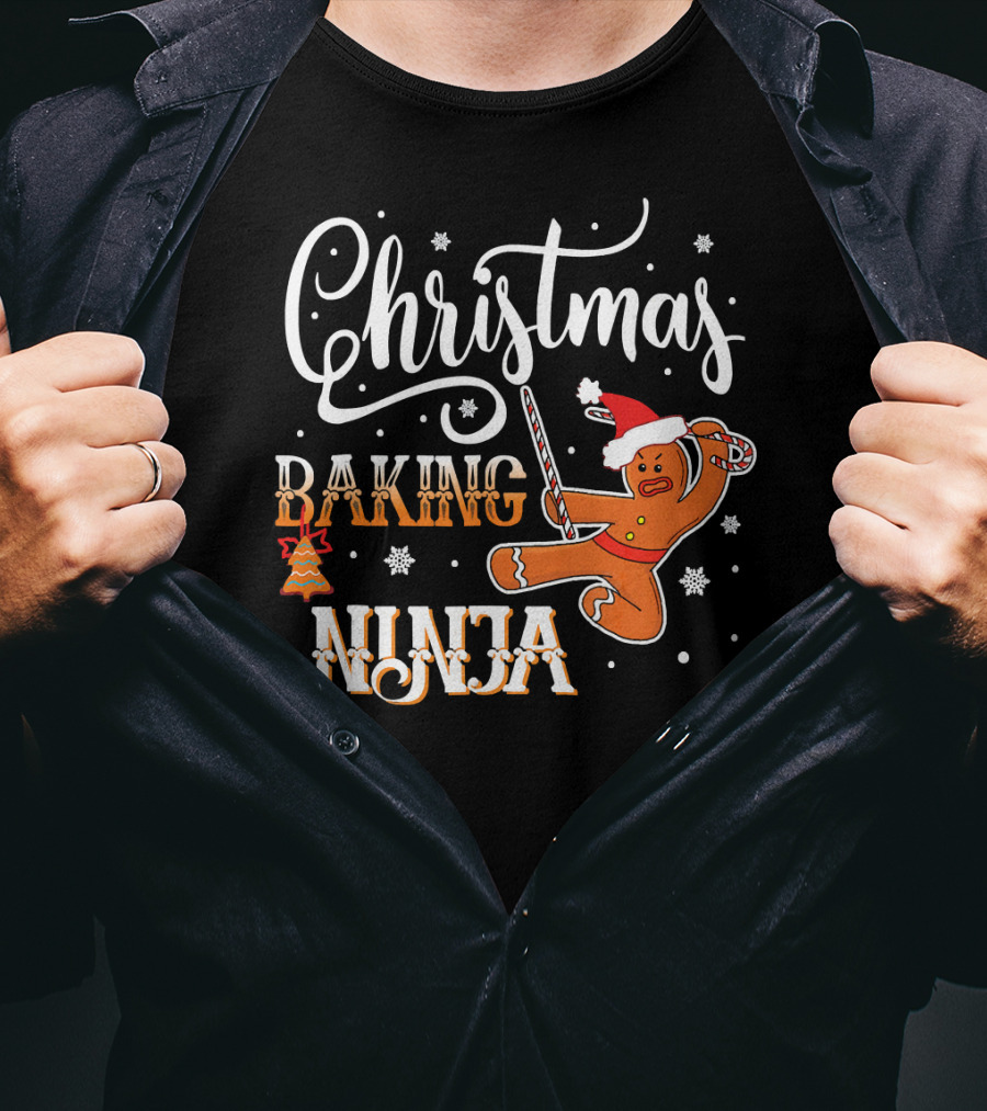 Christmas Baking Ninja Gingerbread With Santa Hat And Candy Cane T-Shirt