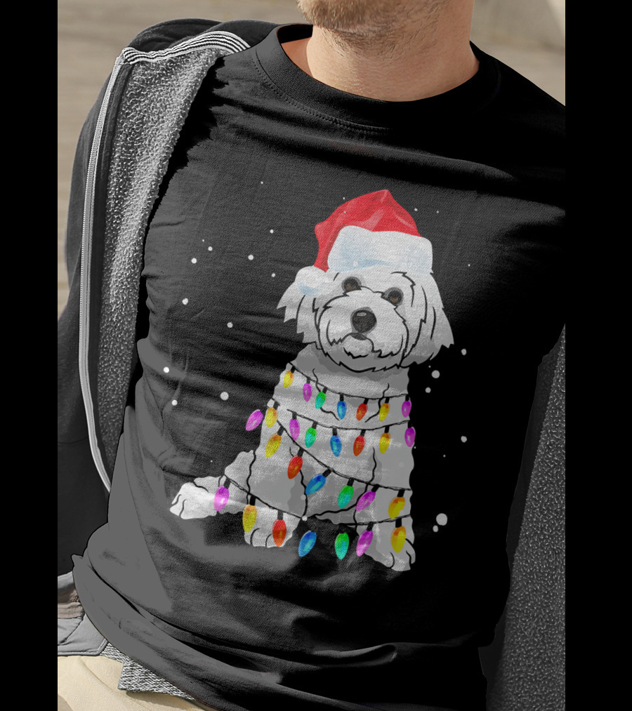 Bichon Frise With Christmas Lights And Santa Hat T-Shirt