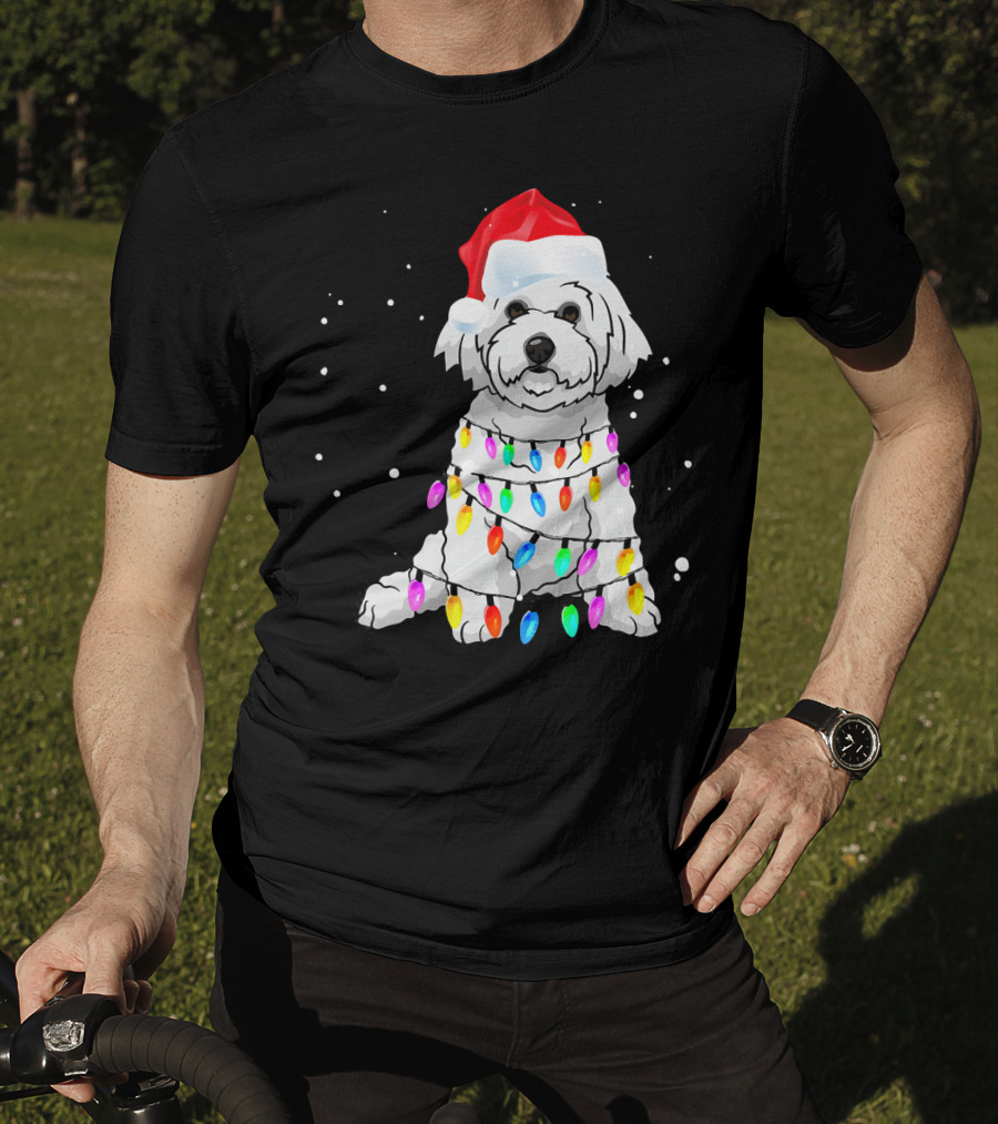 Bichon Frise With Christmas Lights And Santa Hat T-Shirt