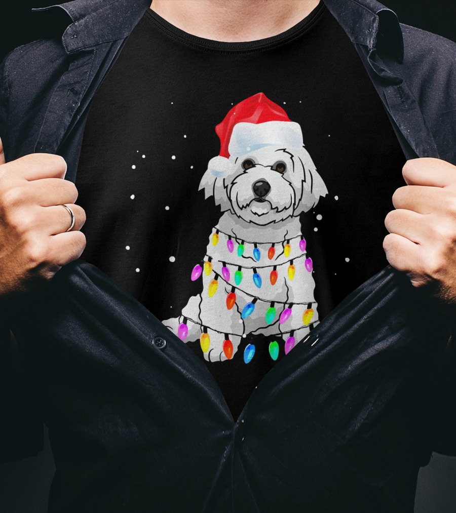 Bichon Frise With Christmas Lights And Santa Hat T-Shirt