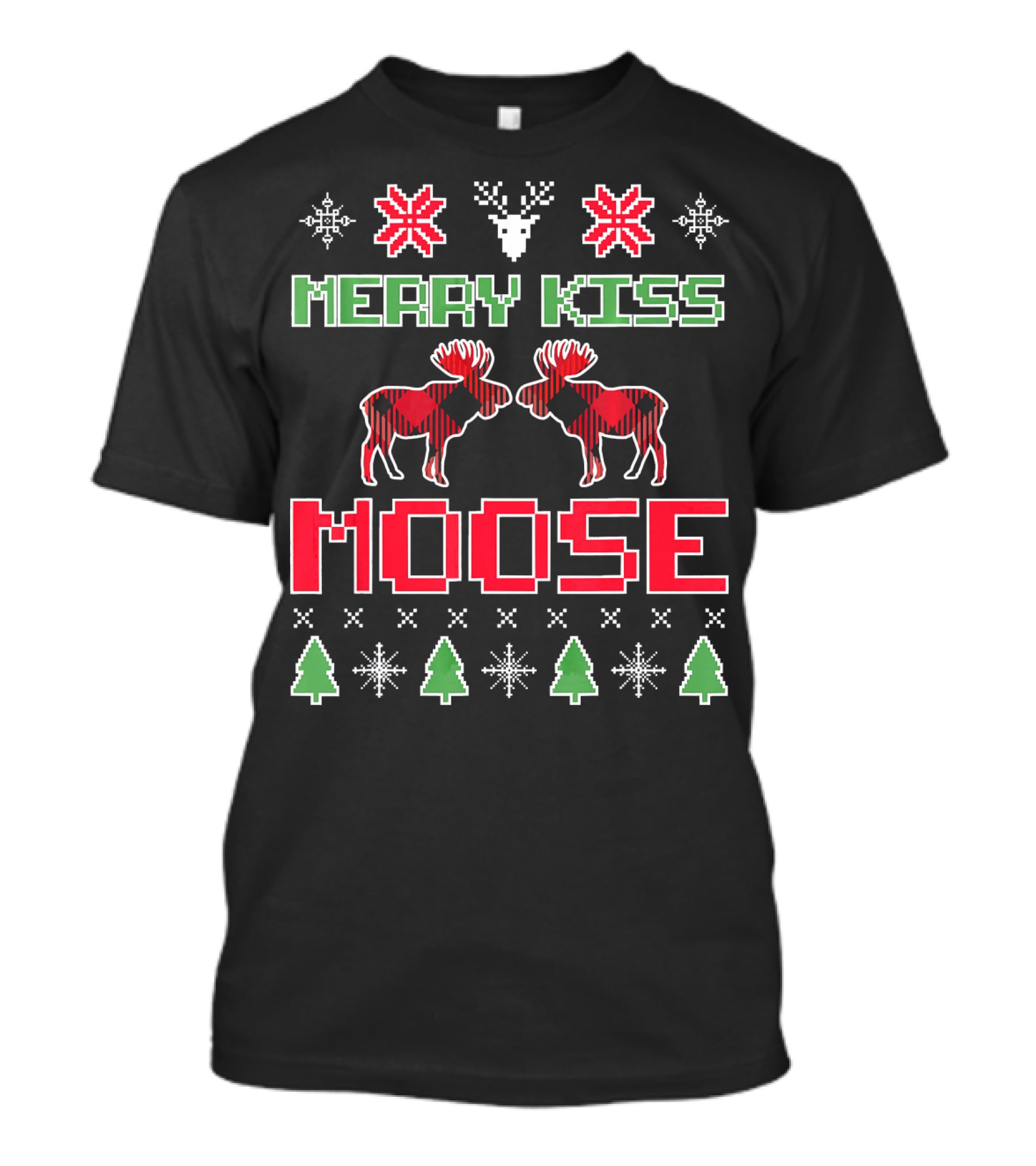 Merry Kiss Moose Christmas Ugly Sweater Style Holiday Moose Tree Snowflake Xmas T-Shirt
