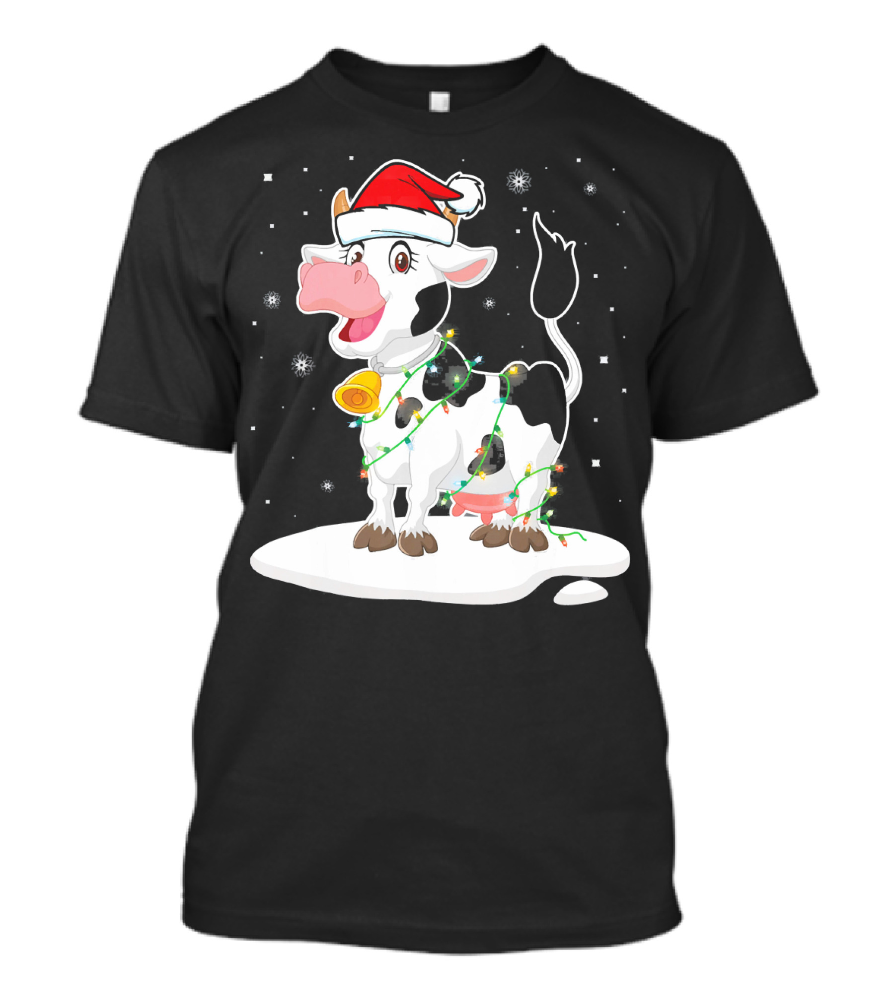 Lovely Cow Santa Xmas Lights On Snowy Tree Scene T-Shirt