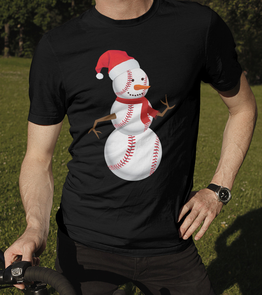 Snowman Made Of Baseballs With Santa Hat And Scarf T-Shirt