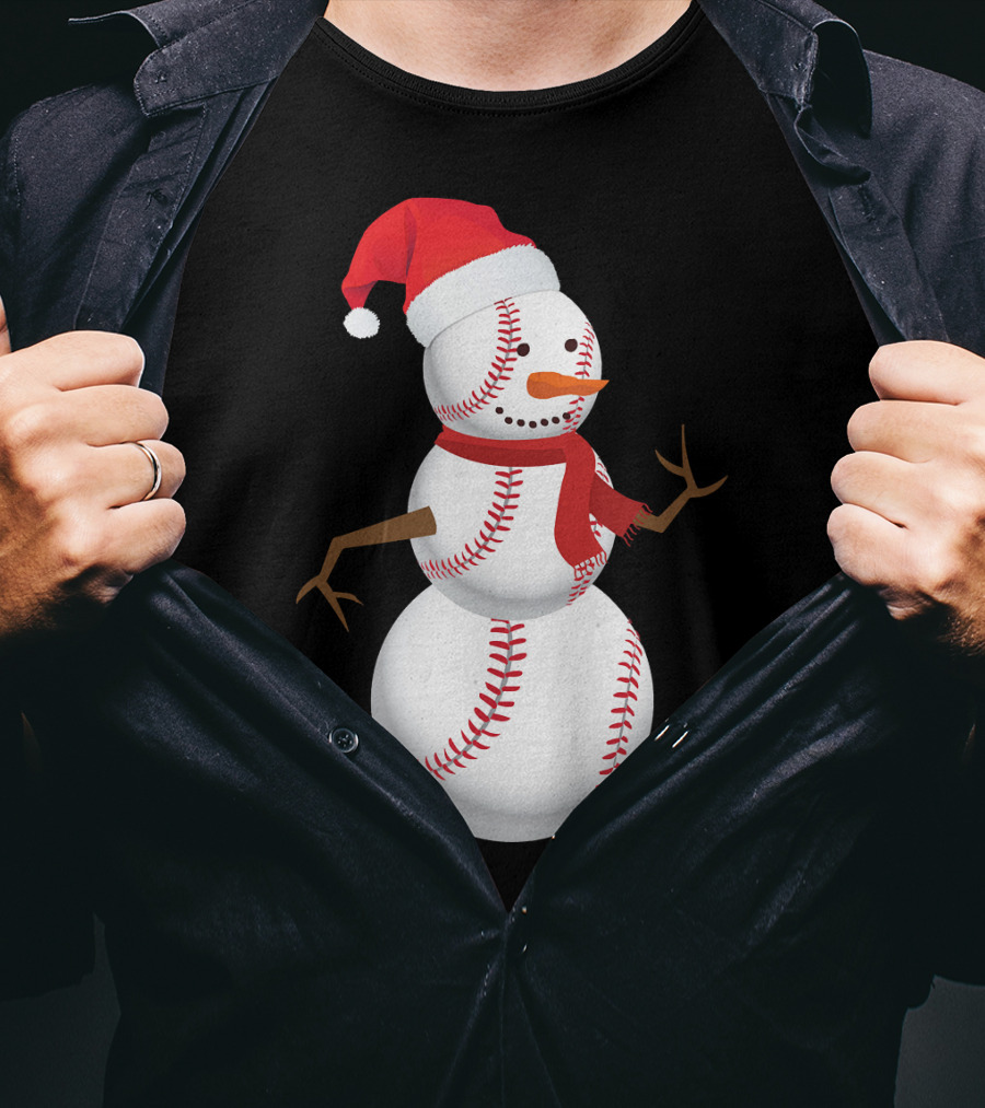Snowman Made Of Baseballs With Santa Hat And Scarf T-Shirt
