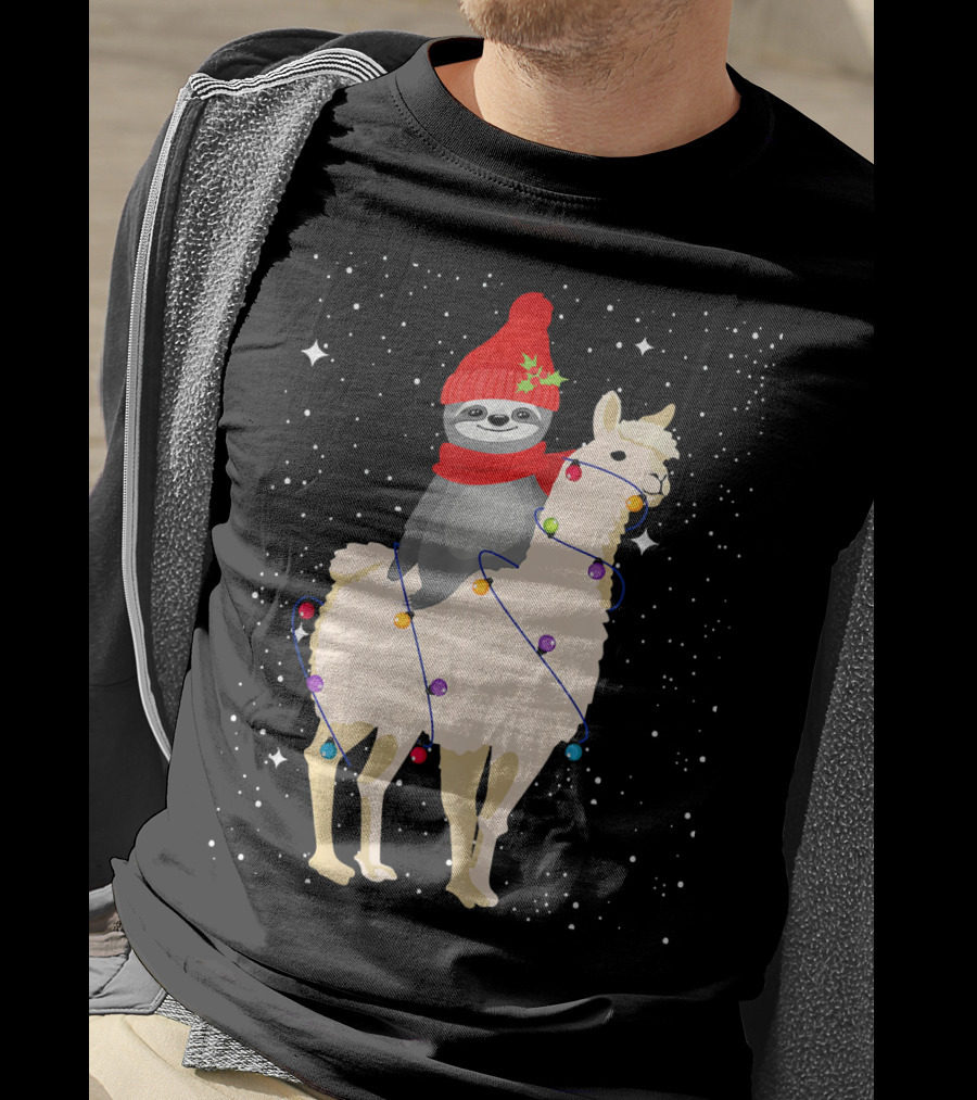 Sloth In Red Beanie And Scarf Riding Llama With Christmas Lights T-Shirt