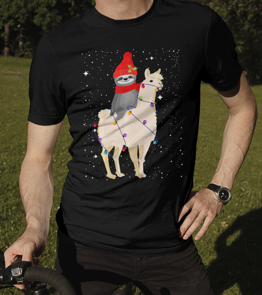 Sloth In Red Beanie And Scarf Riding Llama With Christmas Lights T-Shirt