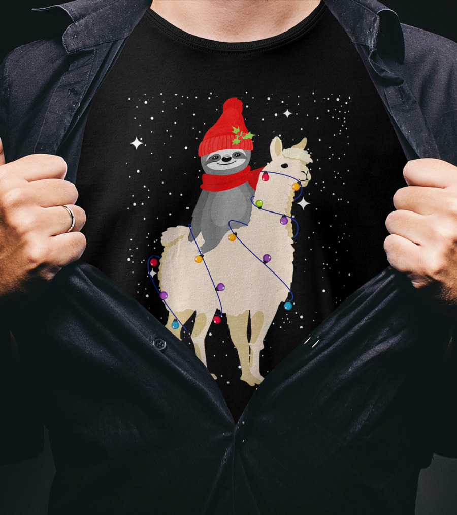 Sloth In Red Beanie And Scarf Riding Llama With Christmas Lights T-Shirt