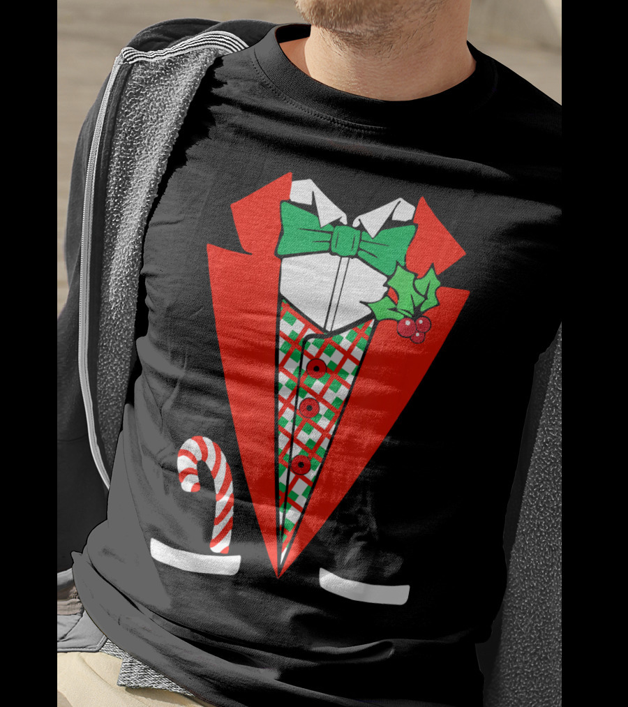 Candy Cane Green Red Tuxedo With Holly Bow Tie T-Shirt
