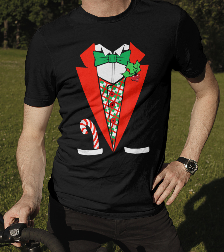 Candy Cane Green Red Tuxedo With Holly Bow Tie T-Shirt