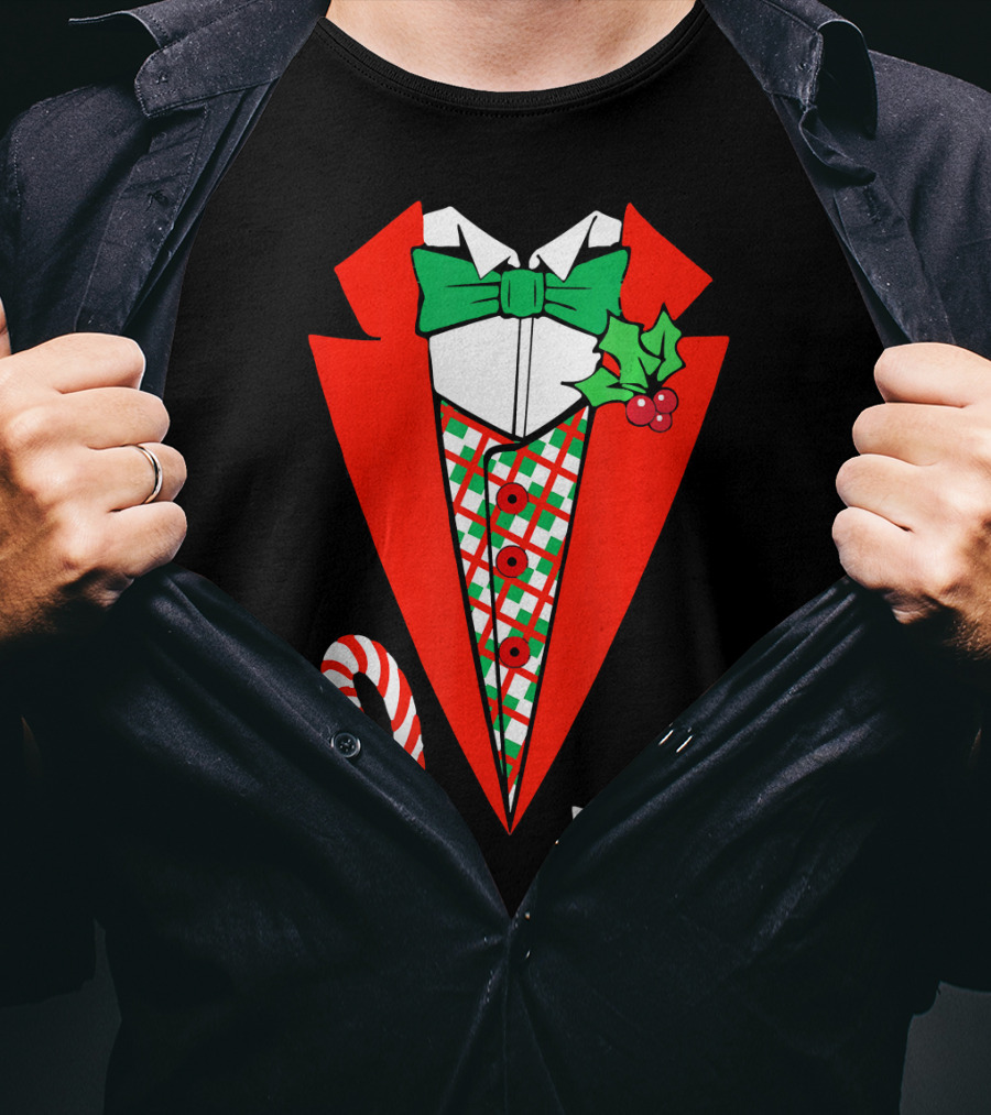 Candy Cane Green Red Tuxedo With Holly Bow Tie T-Shirt