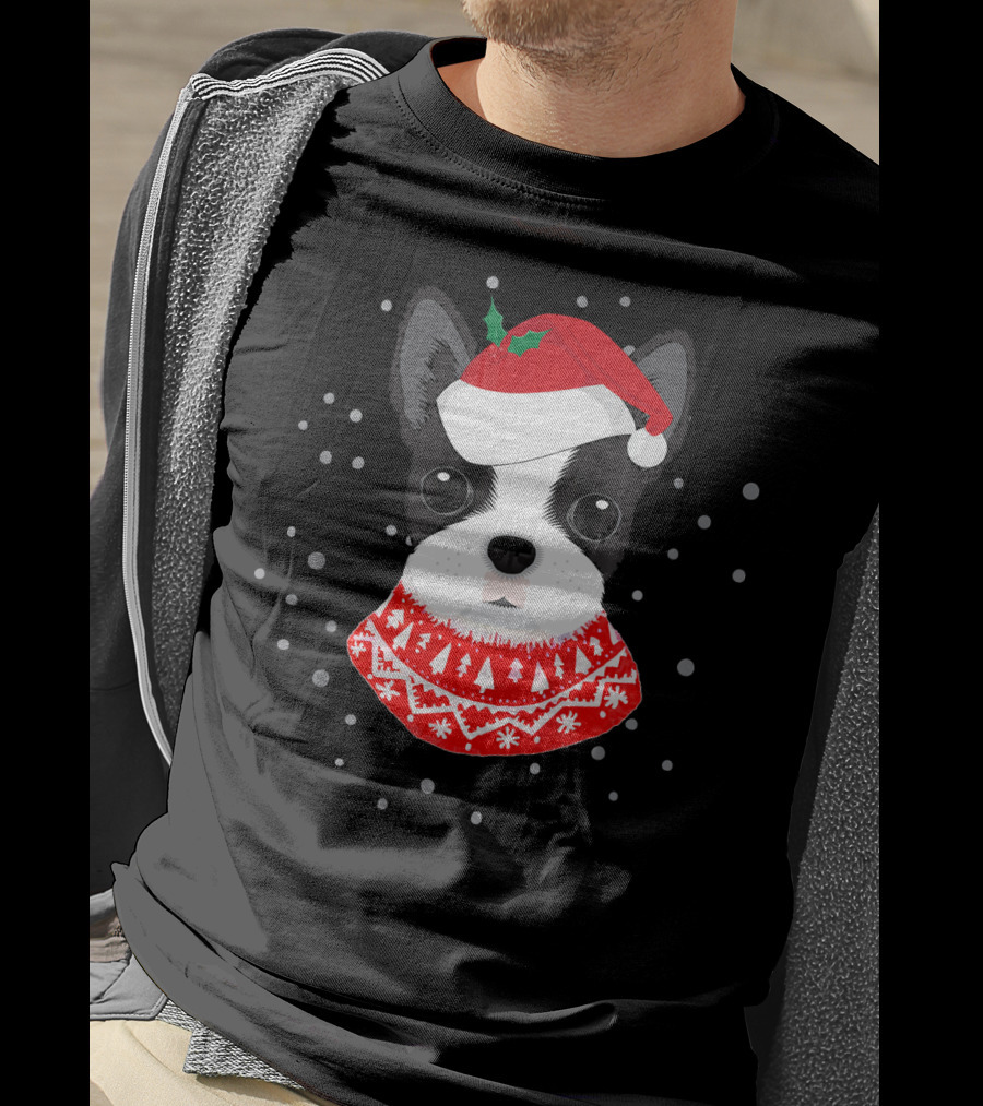 Boston Terrier In Santa Claus Hat With Festive Sweater And Snowflakes T-Shirt