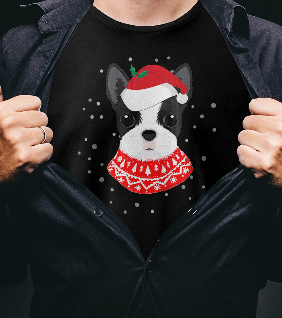 Boston Terrier In Santa Claus Hat With Festive Sweater And Snowflakes T-Shirt