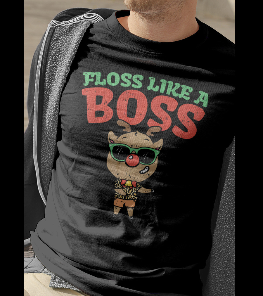 Funky Reindeer Floss Like A Boss In Shades And Festive Attire T-Shirt