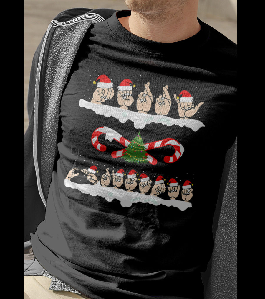 Merry Christmas American Sign Language Santa Hats Candy Cane Snowflake Tree T-Shirt