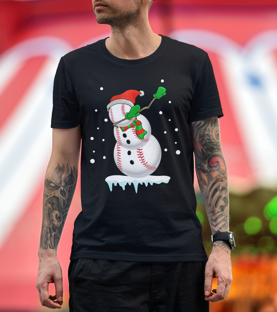 Dabbing Snowman Baseball Christmas Fun T-Shirt
