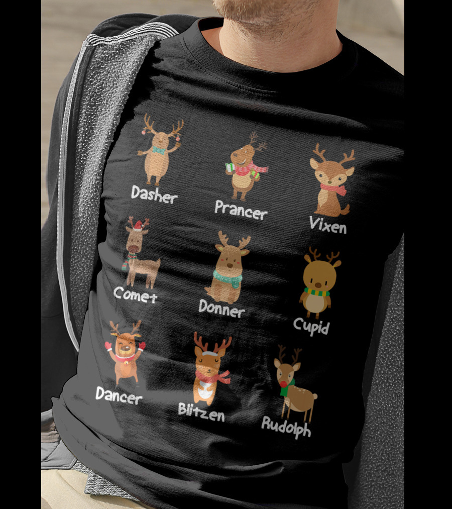 Santa's Reindeer Dasher Prancer Vixen Comet Donner Cupid Dancer Blitzen Rudolph Merry T-Shirt