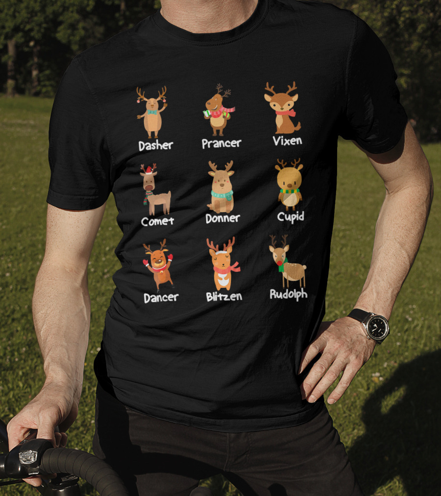 Santa's Reindeer Dasher Prancer Vixen Comet Donner Cupid Dancer Blitzen Rudolph Merry T-Shirt