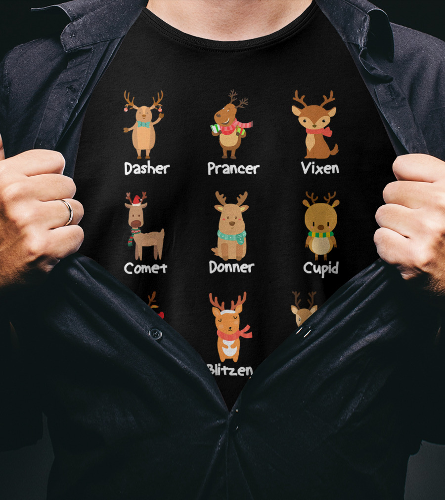 Santa's Reindeer Dasher Prancer Vixen Comet Donner Cupid Dancer Blitzen Rudolph Merry T-Shirt