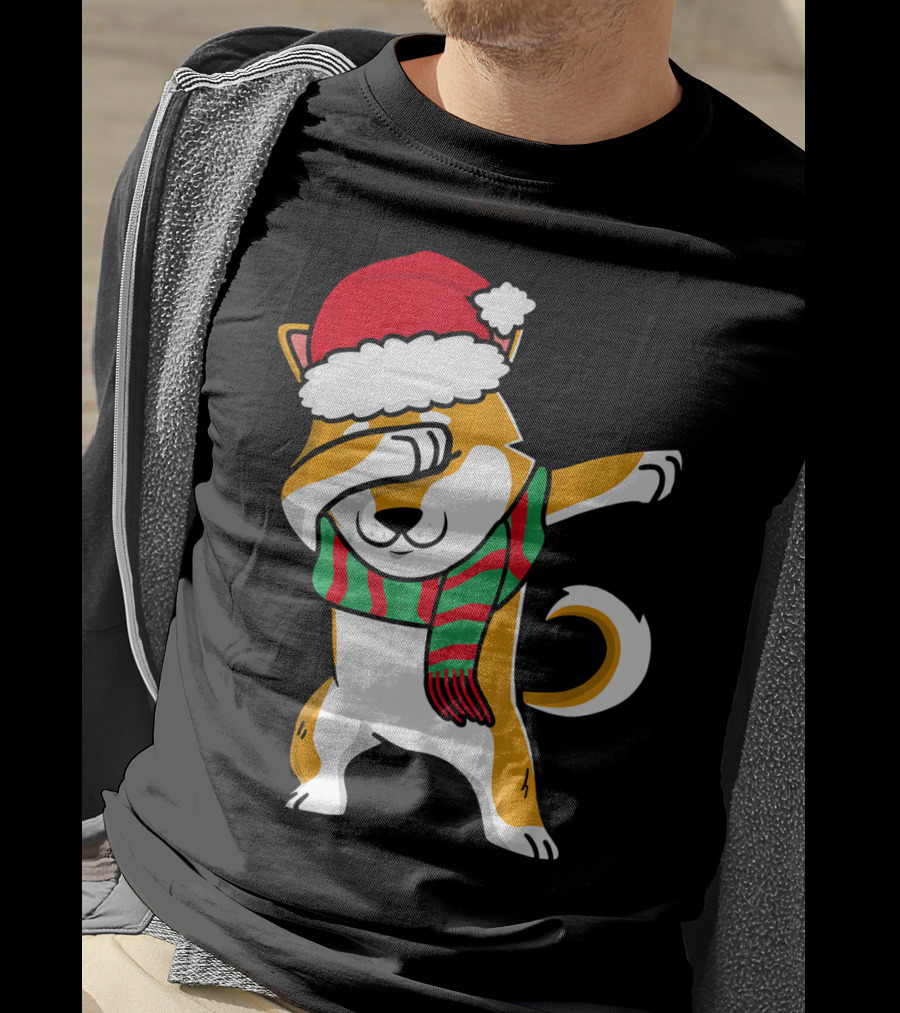 Dabbing Shiba Dog Christmas Santa Hat Scarf T-Shirt
