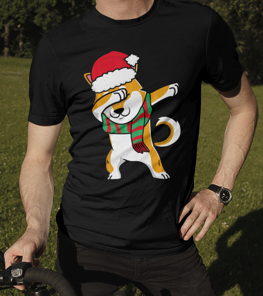 Dabbing Shiba Dog Christmas Santa Hat Scarf T-Shirt