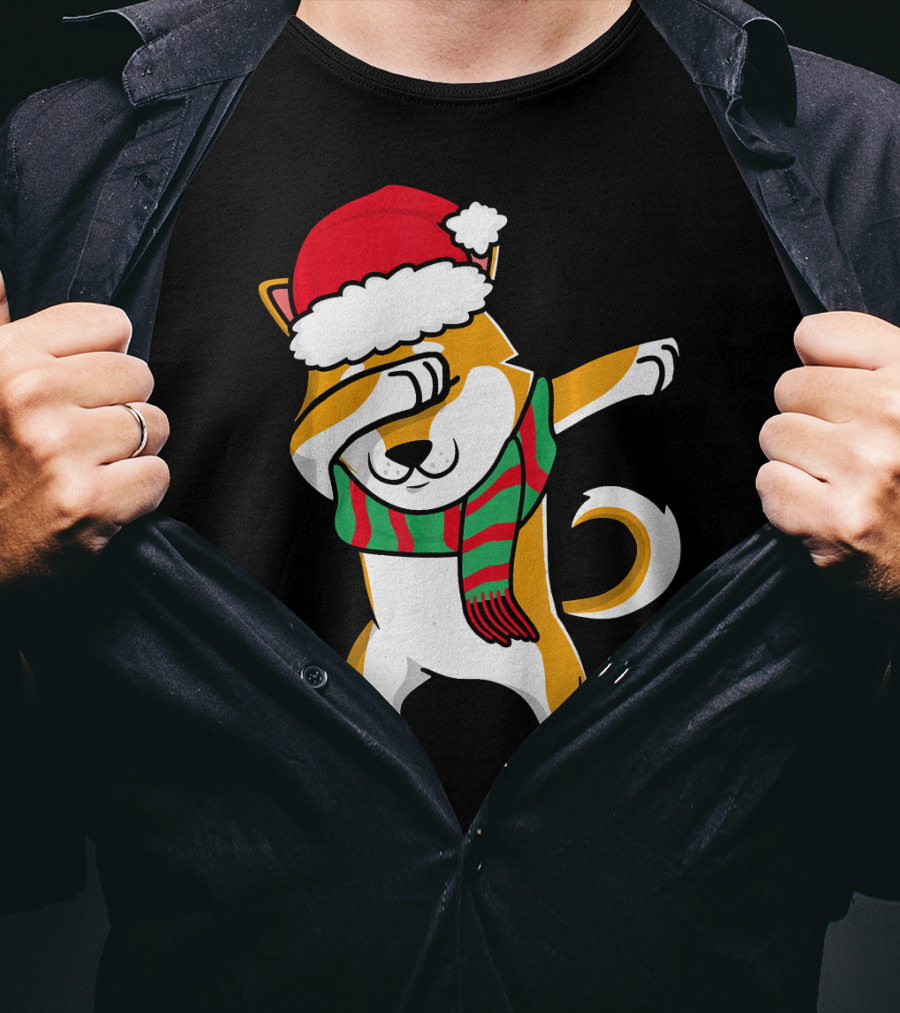 Dabbing Shiba Dog Christmas Santa Hat Scarf T-Shirt