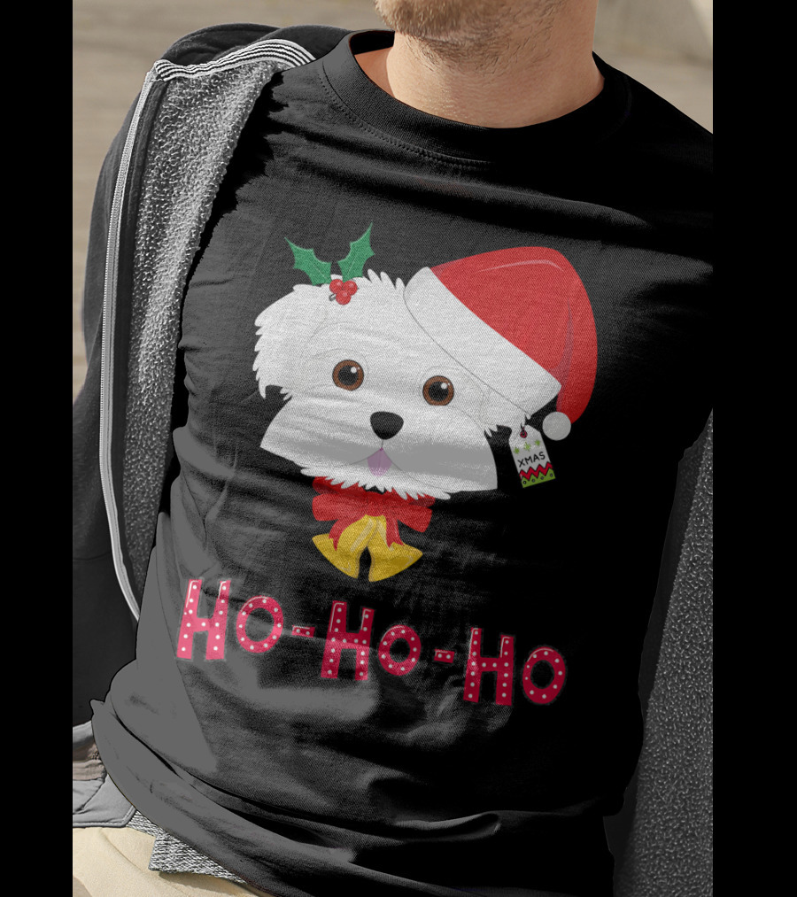 Maltese Dog In Santa Hat With Holly And Ho-Ho-Ho Text T-Shirt