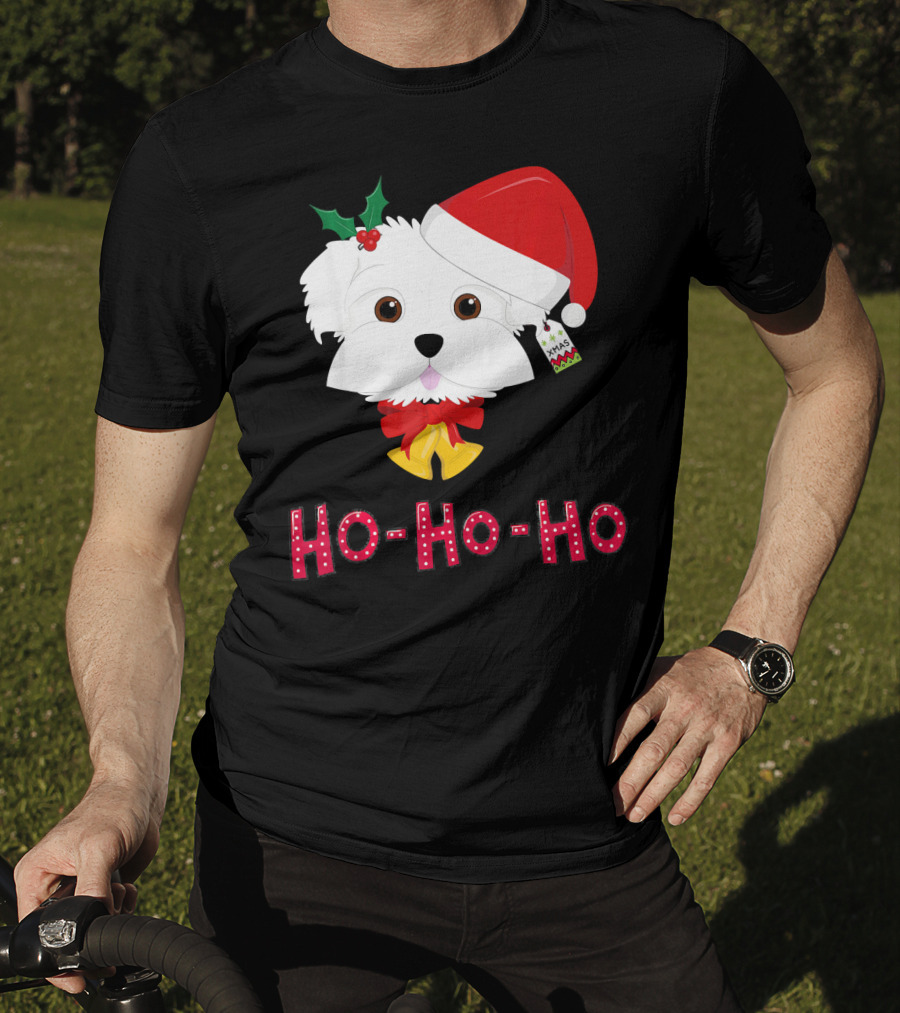 Maltese Dog In Santa Hat With Holly And Ho-Ho-Ho Text T-Shirt