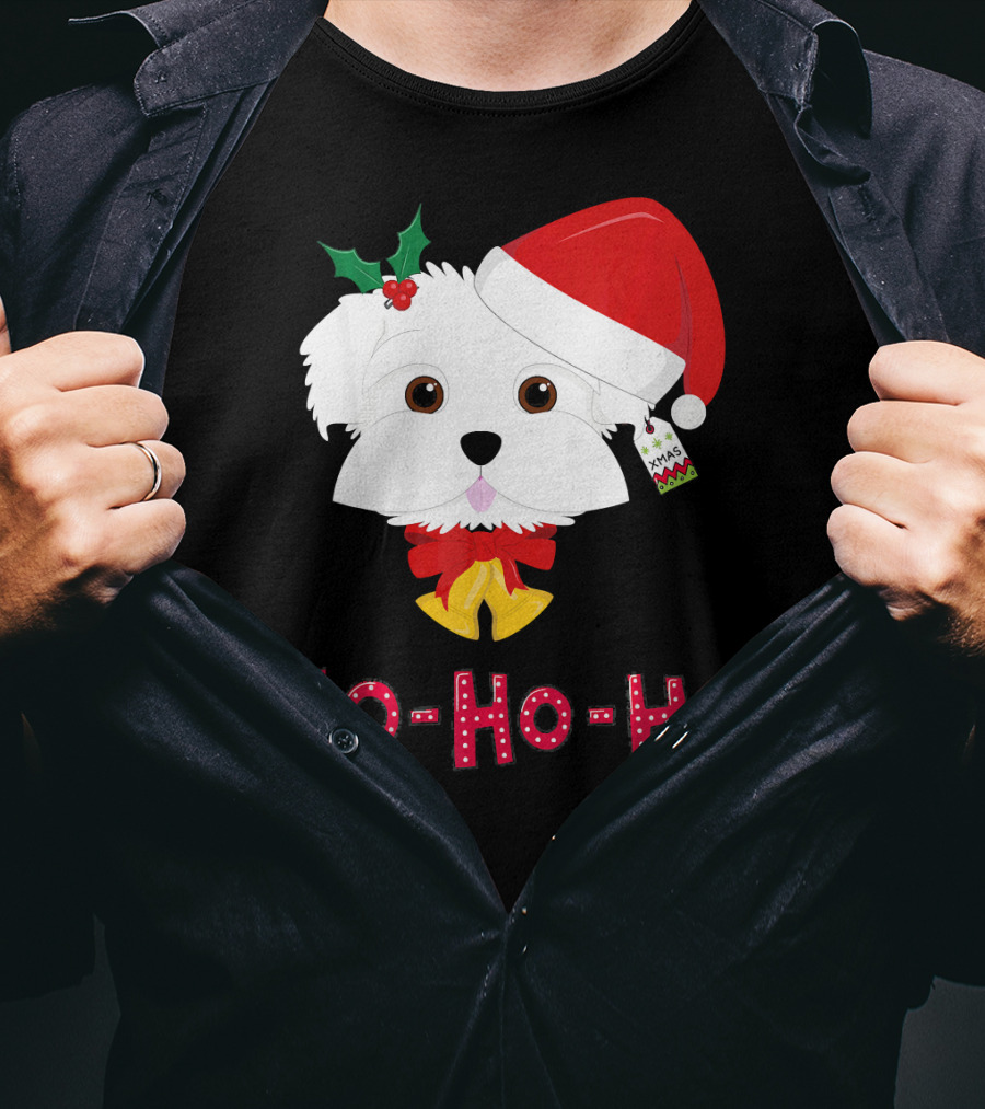 Maltese Dog In Santa Hat With Holly And Ho-Ho-Ho Text T-Shirt