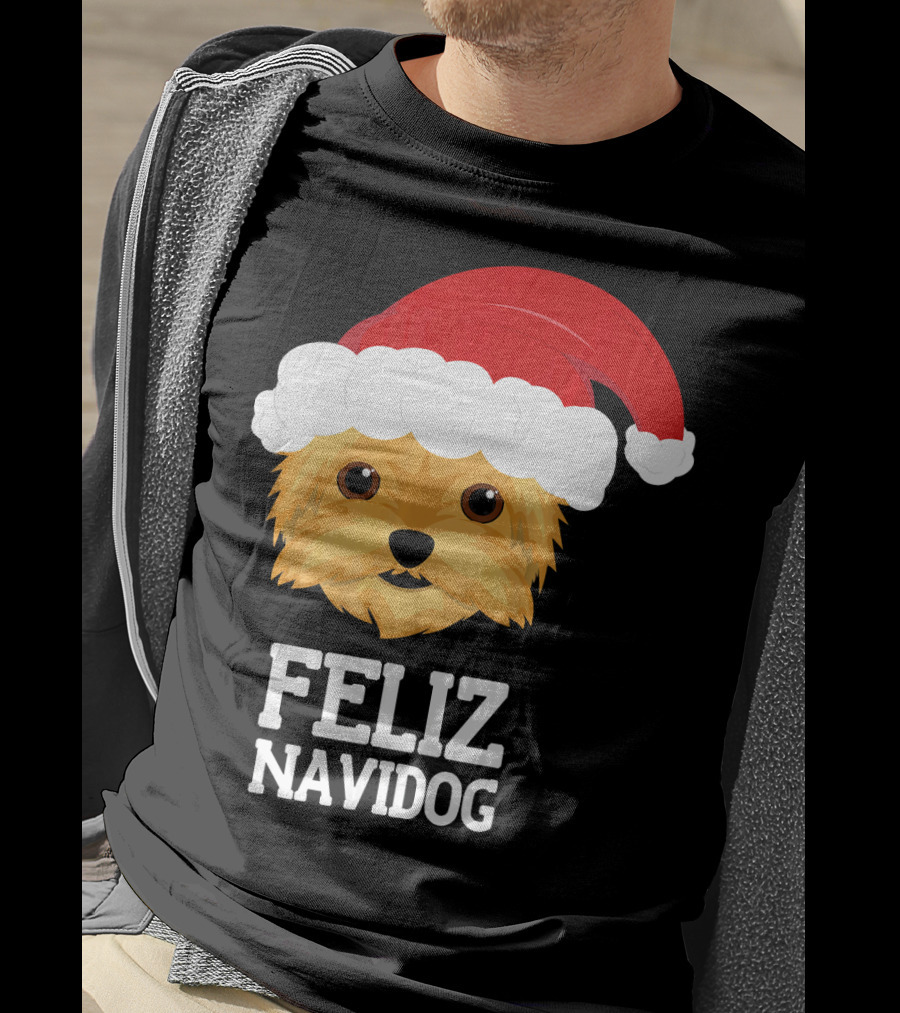 Feliz Navidog Merry Christmas Yorksh Dog Santa Hat T-Shirt