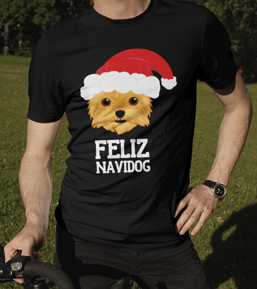 Feliz Navidog Merry Christmas Yorksh Dog Santa Hat T-Shirt